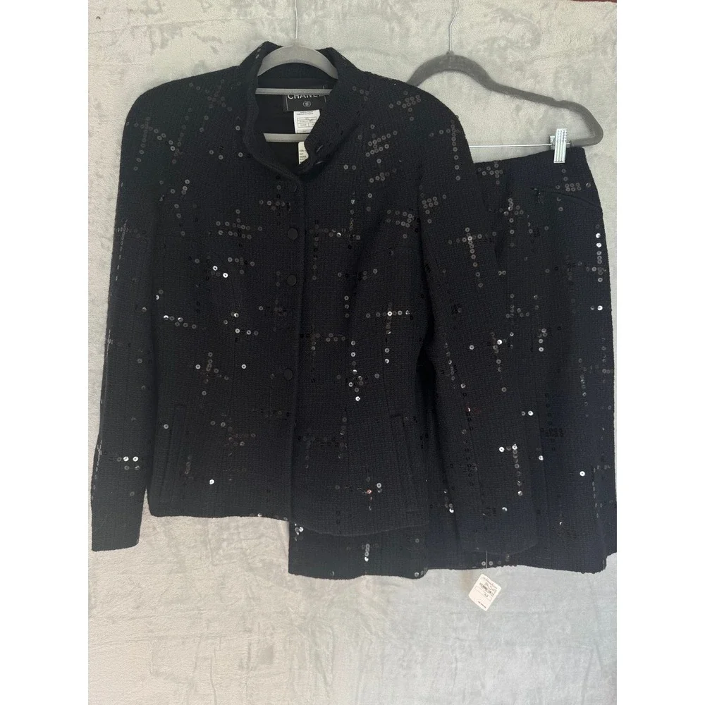 NWT Chanel 02A Black Sequin Tweed Skirt Suit Jacket Set P19919‎ FR 44 US 12